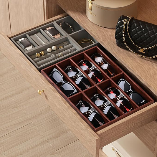 Cretkhp Sunglass Organizer Tray, PU Leather Sunglasses Organizer with 8 Grids for Drawer, Stackable Sunglass Holder Storage