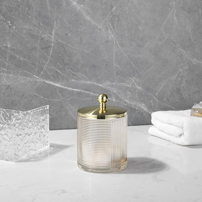 Indecor Home Tan Colored Tranlucent Apothecary Ribbed Geometric Etched Glass Jar W/Gold Metal Lid Cover for Bathroom Organization, Cotton Balls, Q Tips, and Small Accessories, Bathroom Storage