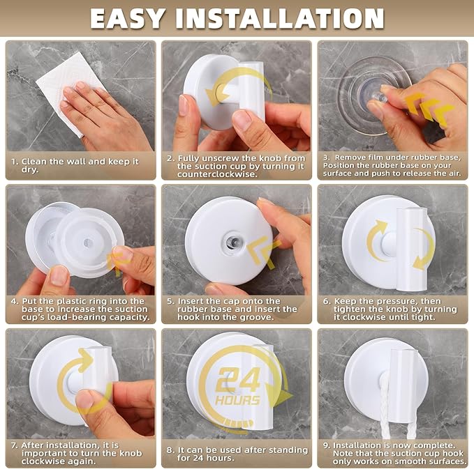 Fenas Suction Cup Hooks for Shower - Bathroom Reusable Hooks for Towels, Robes & Loofah - No-Drill Mounting on Kitchen,Walls,Metal,Glass,Mirrors,Tile & Smooth Non-Porous Surfaces (4, White)