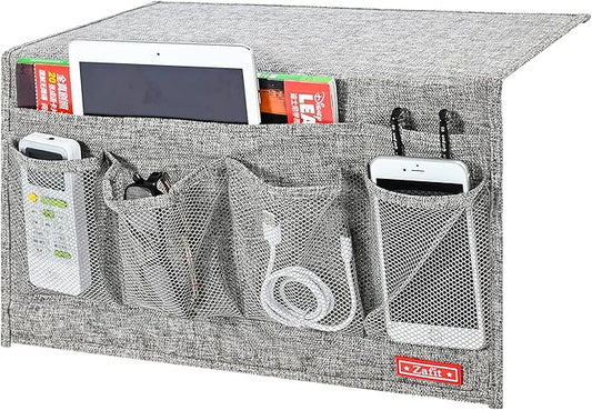 Zafit Linen 6 Pockets Bedside Caddy, Bedside Storage Organizer for Magazine, Remotes, Phone (Grey)