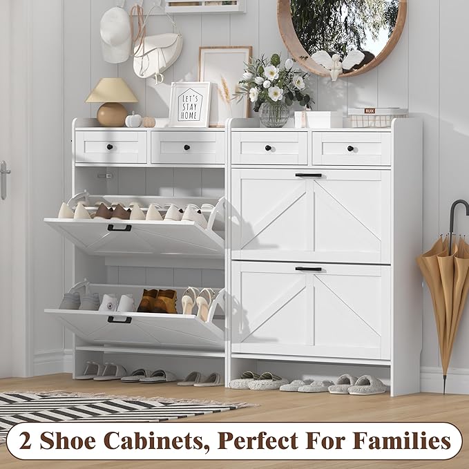 Shoe Cabinet with 2 Flip Drawers & 2 Storage Drawers, Rustic Farmhouse Narrow Shoe Organizer Cabinet, Slim Shoe Rack Cabinet, Shoe Storage Cabinet for Entryway, Hallway, Front Door
