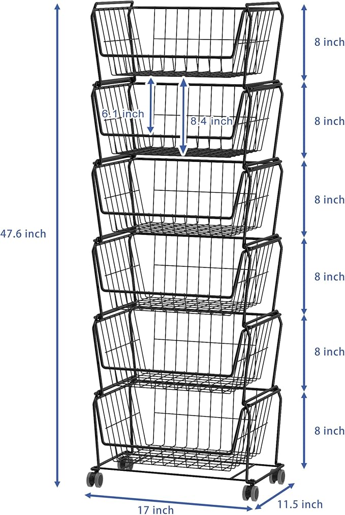 PUSDON Stackable Metal Storage Carts, Dual Use Shelf for Kitchen Fruit Vegetable Baskets with Wheels, Storage Rack for Living Room, Home & Office, Standard Black 6 Tiers
