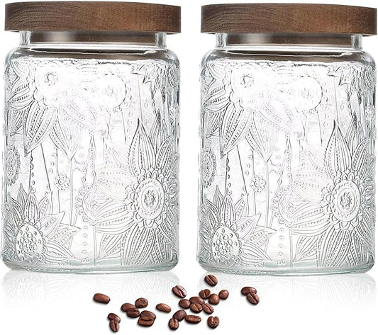 24 OZ Airtight Glass Storage Jar with Bamboo Lid - Vintage Glass Jar Vintage Food Containers Canisters Set for Kitchen Counter & Pantry - Ideal for Sugar, Flour, Coffee, Tea, Candy, Oats, Cereal