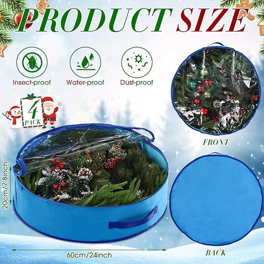 4 Pack Wreath Storage Container, 30 Inch Christmas Wreath Storage Box with Clear Window and Handles Upgrade Oxford Cloth Garland Bags with Dual Zipper for Xmas Wrapping, Blue