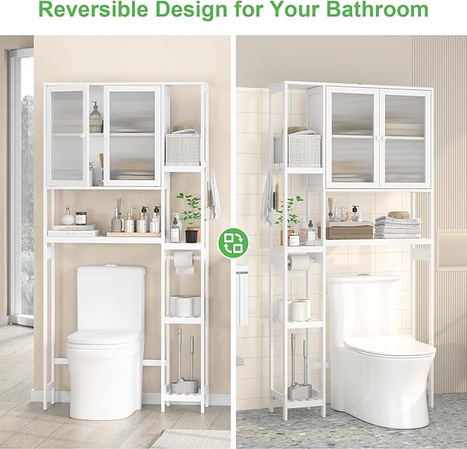 Wisuce Essentials Over The Toilet Storage Cabinet Above Toilet Bathroom Organizer with Toilet Paper Holder Stand Bath Organizer with Adjustable Shelves & Acrylic Doors,Anti-Tip Device (White)