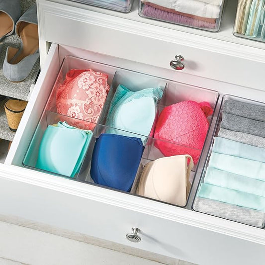 mDesign Plastic 6 Compartment Dresser Drawer Divided Organizer Bin for Scarves, Socks, Bras, Hair Ties, Belts, Underwear - Closet Shelf Storage Organization, Lumiere Collection, Clear