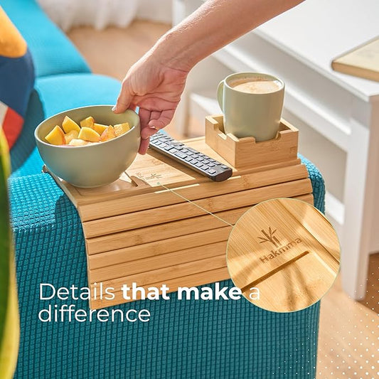 Bamboo Couch Cup Holder – Eco-Friendly Sofa Armrest Tray Table with Cup Holder for Coffee, Snacks & Phone – Foldable Bamboo Couch Arm Table, Anti-Slip Armrest Tray for Couch