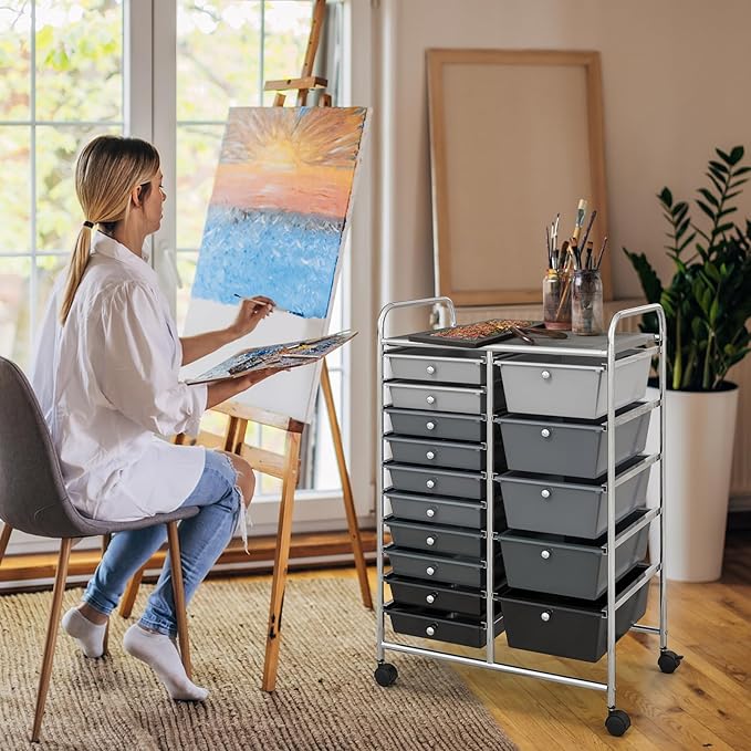 KOTEK 15-Drawer Rolling Storage Cart, Multipurpose Mobile Utility Cart with 4 Wheels, Home Office School Tools Scrapbook Paper Organizer (Grey & Black)