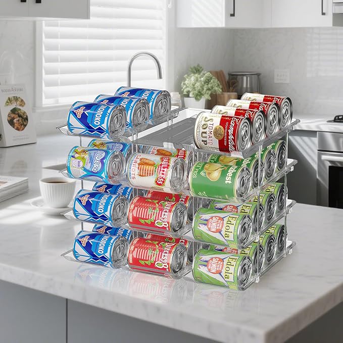 cjc Can Organizer for Pantry, Can Organizer for Fridge, Holds 48 Cans Clear Stackable, Soda Pantry Organizers and Storage Auto-Rolling & Free Combination for Countertop Kitchen Cabinet 3 Sets 4 Tiers