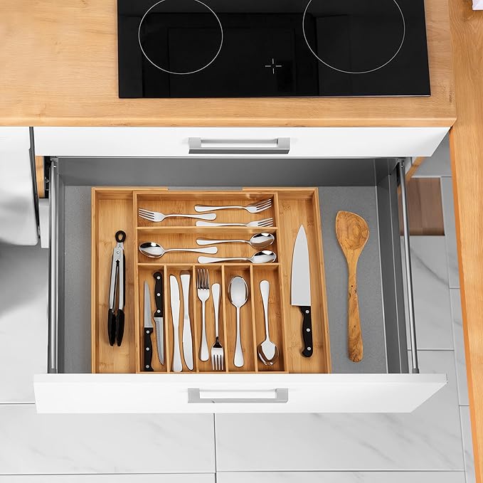 Bamboo Drawer Organizer, 2 Pack - Expandable Silverware Organizer & Utensil Drawer Organizer, Cutlery Tray with Dividers, 7-9 Slots- Premium Kitchen Organizer for Utensils & Flatware (Natural)