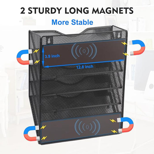 EASEPRES Magnetic 5 Pocket Mesh Hanging File Organizer, Wall Mounted Mail Paper Document Folder Holder, Clipboard Storage Organization Magazine Rack with Nametag Label for Office Home School, Black