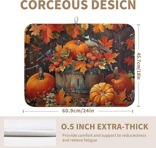 Fall Pumpkin Maple Leaf Bird Dish Drying Mat for Kitchen Counter 18x24 Inch Autumn Harvest Reversible Microfiber Drying Mats Thanksgiving Drying Pad Orange Brown Super Absorbent Dish Drainer Mats