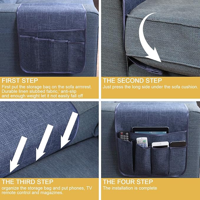 Sixyotie Sofa Armrest Organizer Non-Slip Remote Control Holders for Recliner Couch Chair Armchair Caddy with 5 Pockets for Table,Cell Phone,Ipad,Magazines,Books (13x35In, Navyblue)