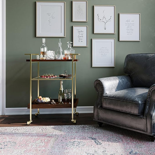 SIMPLIHOME Jace SOLID MANGO WOOD Industrial Contemporary 26 inch Wide Bar Cart in Cognac for the Living room, dining room and kitchen