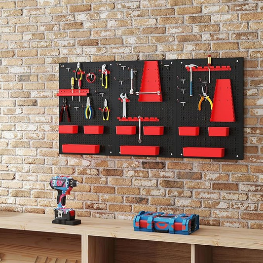 Tool Pegboard Organizer, 4 FT Metal Pegboard Wall with Hooks, Storage Bins & Tool Holders, Peg Board Kit Garage Storage System for Workbench Shed, Craft Room & Workshop (Black+Red)
