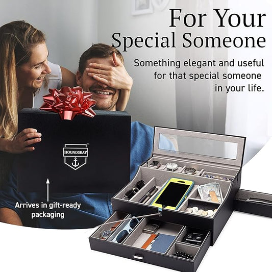 Mens Valet Box Organizer, Large Leather Valet Tray for Men, Mens Valet Tray Organizer with Charging Station, Mens Jewelry Box Organizer for EDC Valet Mens Accessories, Nightstand Bedside Dresser Top
