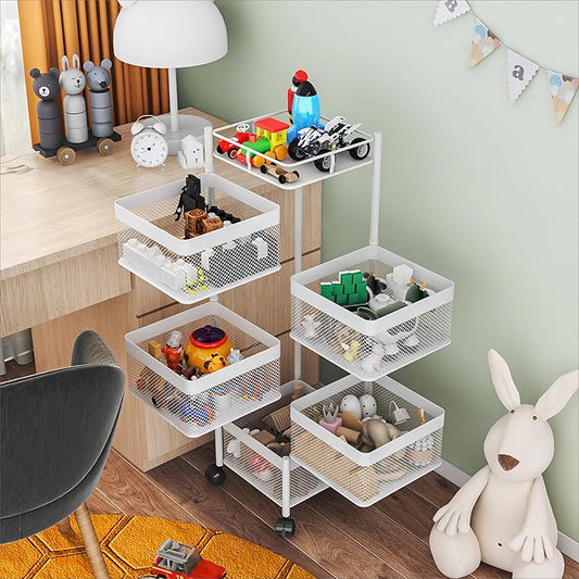 Fruit Basket for Kitchen No Assembly,Rotating Kitchen Storage Rack,Bathroom Shelf, Organizers and Storage Cart on Rolling Wheels,Potato and Onion Storage Organizer(White, 5 Tier-Square)