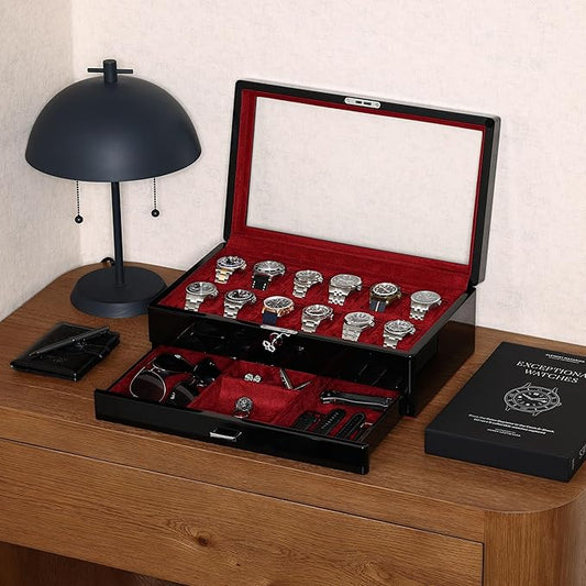 ROTHWELL 12-Slot Piano Black Watch Box with Valet Drawer - Premium Jewelry Display Case Organizer with Locking Glass Top and Microsuede Liner for Men & Women (Red Interior)