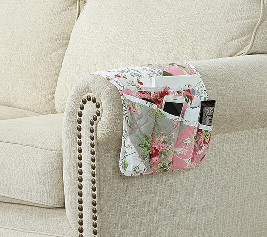 Brilliant Sunshine Peach Flowers Patchwork Couch Armrest 5 Pockets Organizer, Slip Resistant Recliner Armchair Caddy, Washable Remote Controls Holder, Storage for Magazine, Tablet, iPad, Peach Olive