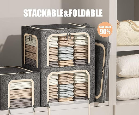 3 Openings Clothes Storage Bins with Metal Frame, Foldable Storage Bin for Clothes, Clothing Storage Bins with Lid, Linen Storage Box With Clear Window& Zippers& Durable Handles.(3 Pcs,Dark Grey,40L)