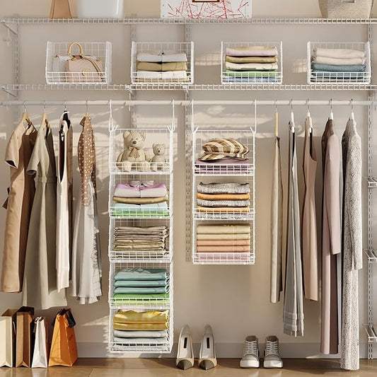 5 Tier Closet Hanging Organizer, Clothes Hanging Shelves with 4 Hanging Hooks 5 S Hooks, Wire Storage Basket Bins, for Clothing Sweaters Shoes Handbags Clutches Accessories Patent Design-White
