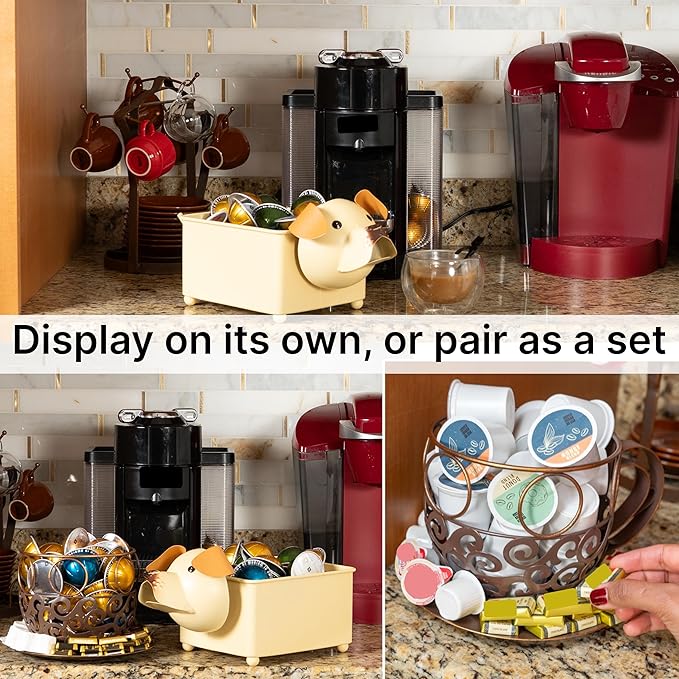 Made Easy Kit Coffee Pod Organizer Compatible with Nespresso Vertuo and Original - Countertop Sculpture Holder Basket Style for Café Bar, Corner Station Office Break Area (Dog Brown Square)