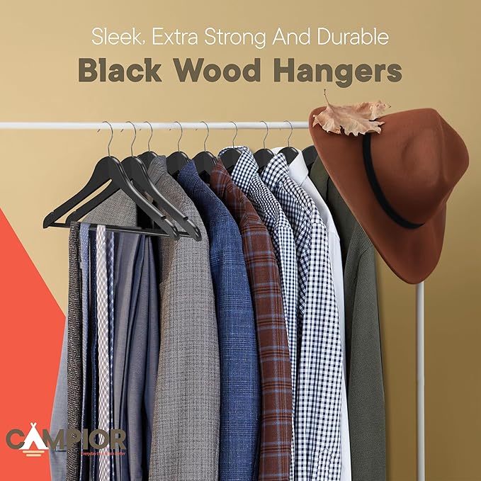 Black Wooden Hangers 30 Pack – Heavy-Duty with 360° Swivel Hook, Non-Slip, Pants Bar & Shoulder Grooves - Wooden Hangers for Suits, Jackets, Dresses & Camisoles, Space-Saving and Smooth Finish