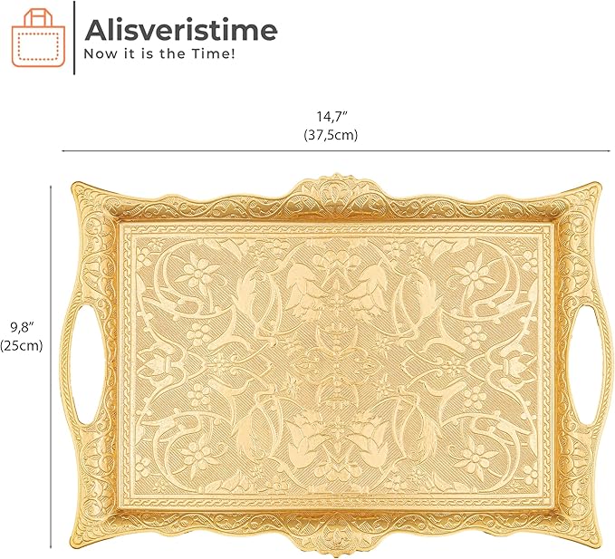 Alisveristime Ottoman Turkish Zamak Serving Tray with Traditional Motifs, Ideal for Coffee and Tea - Six Person Tray (14.5 x 9.85 in) (Gold)