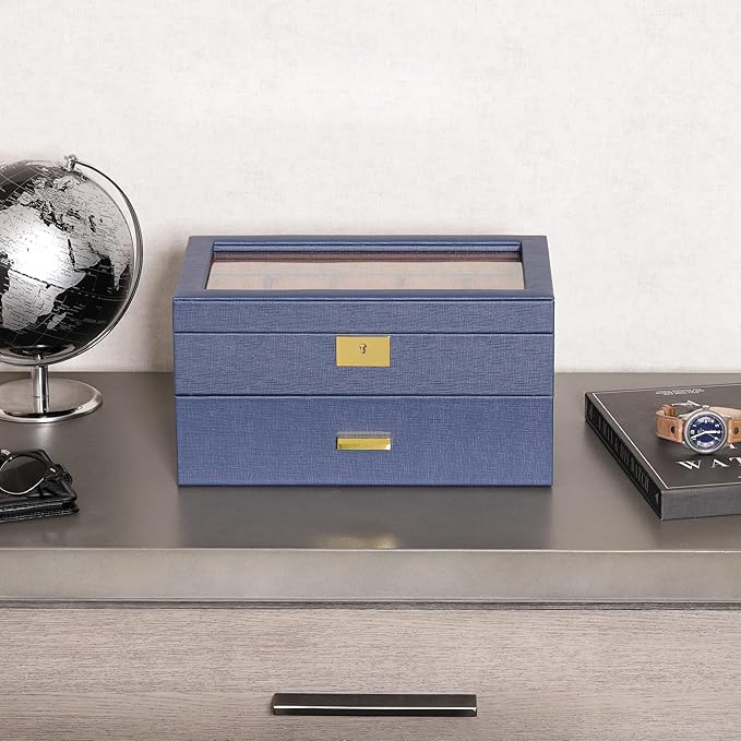 ROTHWELL 20 Slot Leather Watch box - Luxury Case Display Jewelry Organizer, - Locking Display Case Holder with Large Real Glass Top - Watch Box Organizer for Men and Women (Blue/Tan)