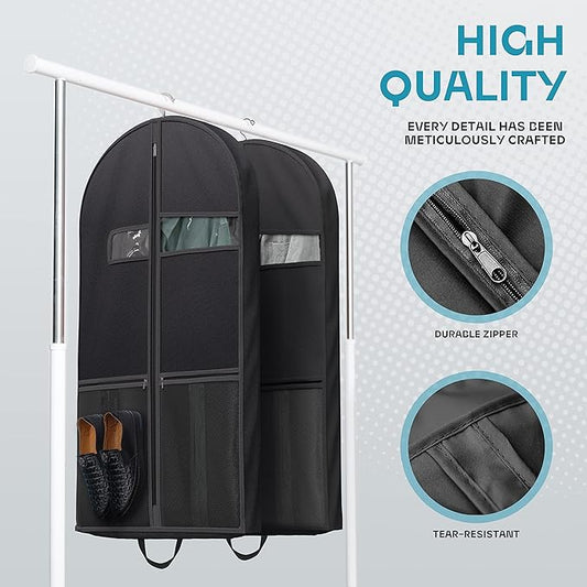 43" Travel Garment Bag with Accessories Zipper Pocket, Heavy Duty Suit Bag for Suits, Tuxedos, Dresses, Coats, Black, 1 pack
