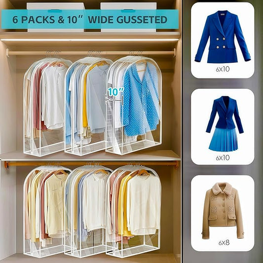 6 Pack Clear Garment Bags for Hanging Clothes 10”Gusseted, Suit Bags for Closet Storage, Hanging Plastic Clothes Cover for Coat, Dress, Fur, Shirt(24x10x40In)