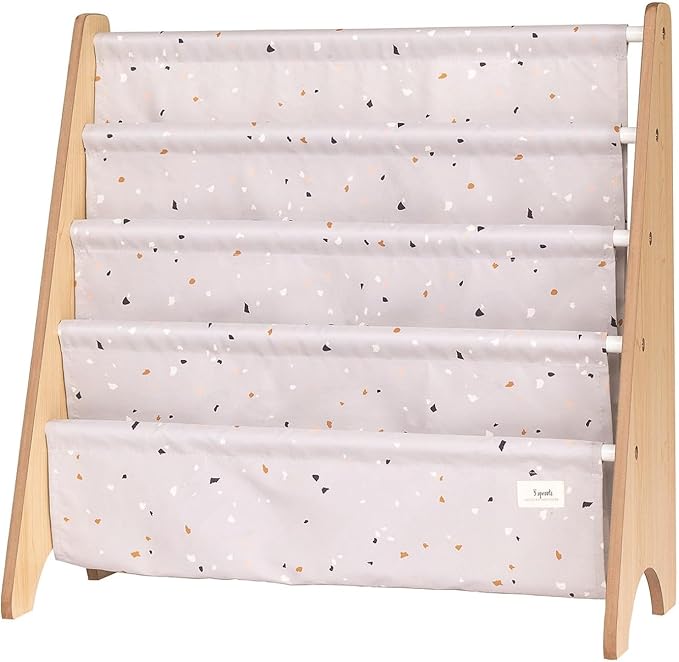 3 Sprouts Recycled Fabric Kids Bookshelf β 4-Tier Sling Book Rack Organizer - Nursery Room Playroom Classroom Wooden Book Shelves - Kid Bookcase Wood Storage Shelf for Toddler Age 3+ - Terrazzo Gray