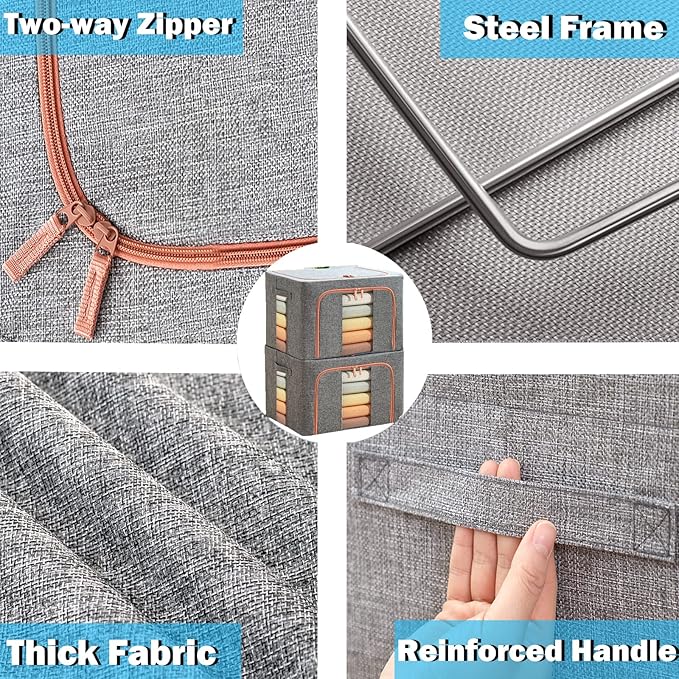 Large Capacity Clothes Storage Bags,Stackable Storage Organizer with Foldable Metal Frame, Zipper, Handles, Clear Window, Navy, 3 Pack)
