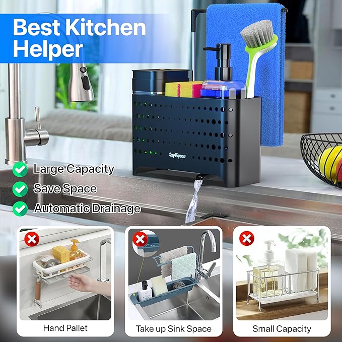 YAN & HIN Dish soap dispenser with sponge holder, 5-in-1 Kitchen soap dispenser set, Soap holder kitchen, Soap and sponge holder for sink