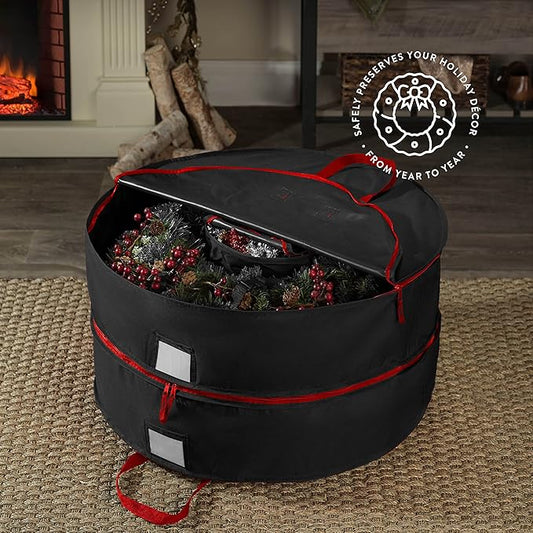 ZOBER Christmas Wreath Storage Container 30 Inch - Wreath Bag Fits 2 Wreaths Box - 600D Oxford Fabric - Interior Compartment for Storing Garlands, Wreaths Storage Bag W Strong Durable Handles - Black