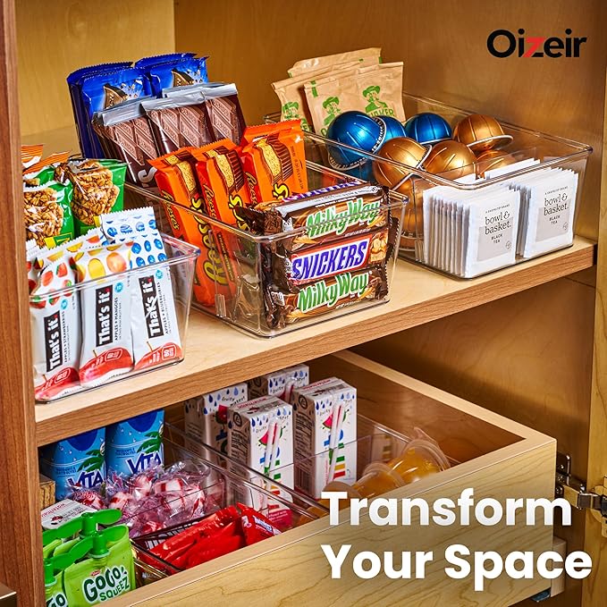 Oizeir Clear Pantry Organizer Bins 8-Pack - Fridge Organizer with 3 Removable Dividers, Ideal for Kitchen, Pantry, Refrigerator, Freezer, and Snack Storage
