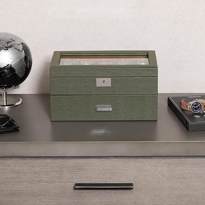 ROTHWELL 20 Slot Leather Watch box - Luxury Case Display Jewelry Organizer, - Locking Display Case Holder with Large Real Glass Top - Watch Box Organizer for Men and Women (Green/Tan)