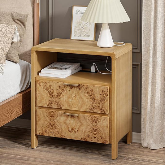 COZAYH Set of 2 Farmhouse 2 Drawer Nightstand with Charging Station, Side Table with Power Outlet, USB and Type-C Ports, Burl Wood Finish, Natural