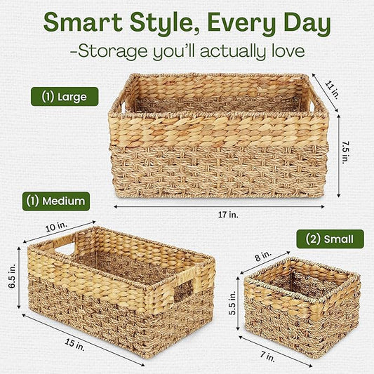 Seagrass and Hyacinth Nesting Wicker Basket, Multi-Size, 4 pack, Natural Woven Storage Baskets for Organizing Living Room, Shelves, Pantry