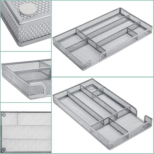 Annova Desk Drawer Organizer Tray for Office Organization - Metal Mesh - Storage Tray with Dividers for Pens, Desktop Accessories, Bathroom, Kitchen, Makeup and Office Supplies (Small, Silver)