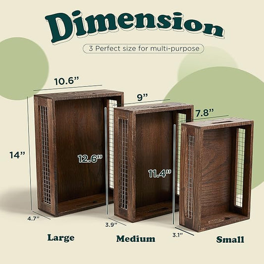Wooden Nesting Countertop Baskets Set of 3 for Kitchen, Bathroom, Pantry|Wooden storage organizer For Fruit, Vegetables, Produce, Bread|Wooden Crate with handles|Decorative Rustic Wood and Metal Wire
