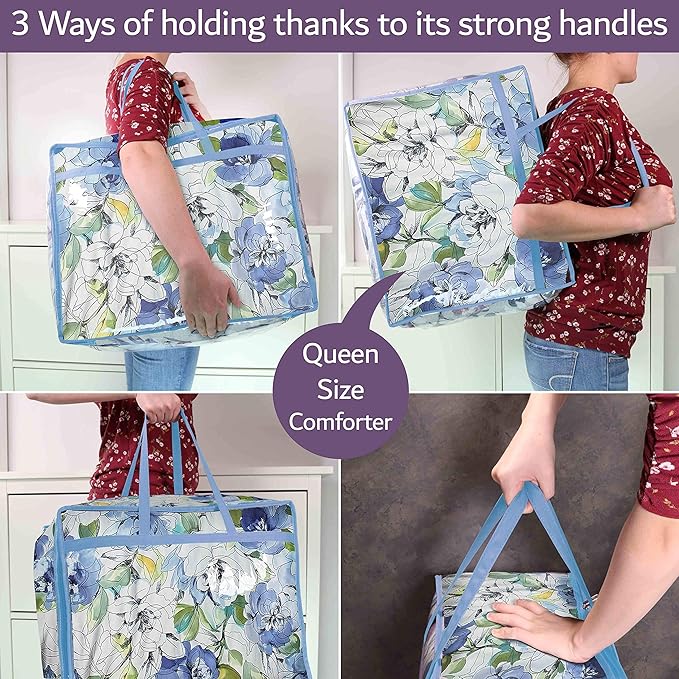 Clear Vinyl Zippered Storage Bags (3-Pack) 40L Sturdy Storage Bags for Sweaters, Blankets, Comforters, Bedding Sets and Much More! (Light Blue, 18x15x9)