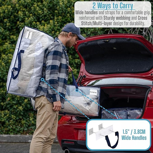 VENO 4 Pack Moving Bags w/Backpack Straps, Heavy Duty, Moving Boxes Alternative, Packing Supplies, Large Storage Totes for Dorm Room Essentials with Zipper for Clothes (Clear, 4 Pack)