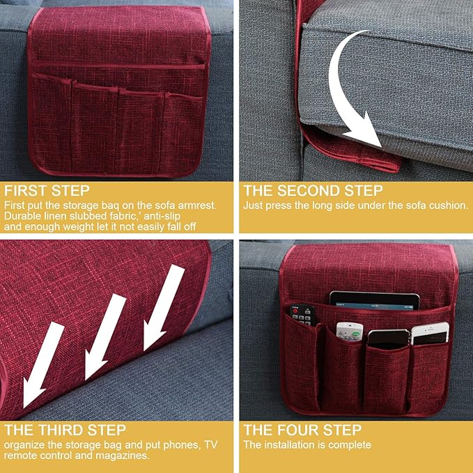 Sixyotie Sofa Armrest Organizer Non-Slip Remote Control Holders for Recliner Couch Chair Armchair Caddy with 5 Pockets for Table,Cell Phone,Ipad,Magazines,Books (13x35In, WineRed)