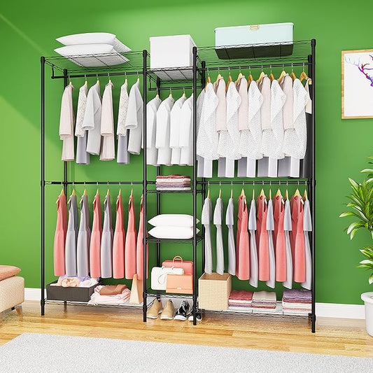 Heavy Duty Clothes Rack for Hanging Clothes, Metal Garment Rack,Large Capacity Portable Clothing Rack,Freestanding Open Wardrobe Organizer Rack, 67.0"L x 13.8"W x 75.6"H Max Load 720LBS, Black