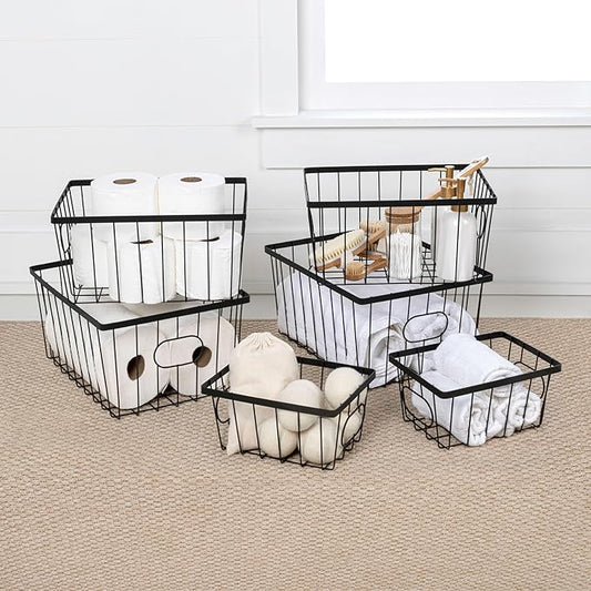 happimess BSK3001A-6SET Camden Vintage Industrial Wire Metal Nesting Storage Baskets for Shelves, Cabinets, Pantry, Countertop, Mesh Open Bin Basket for Organizing Supplies, Black (Set of 6)