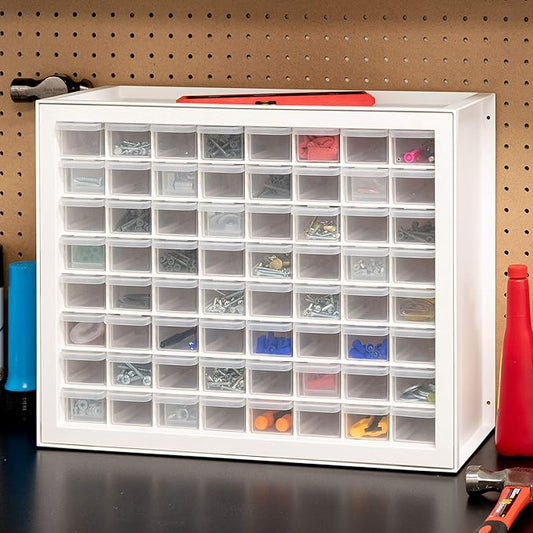 IRIS USA Bead Organizer Storage Bin Drawer Cabinet, 64-Drawer Plastic Organization Chest for Screws Bolts Nails Hardware Small Parts Electronics Charm Tools Scrapbook Art Craft Hobby Supplies - White