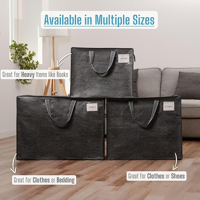 VENO 4 Pack Moving Bags, Christmas Storage Containers, Storage Totes, Zipper On Top, Sturdy, Storage Bags for Camping, Clothes, Bedding, Comforters, Pillows (13 Gallon Dark Gray, 4 Pack)