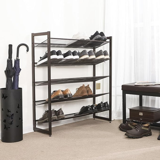 SONGMICS Shoe Rack, 5-Tier Shoe Organizer, Metal Shoe Storage for Garage, Stackable Shoe Shelf, with Adjustable Flat or Angled Shelves, 20-25 Pairs, Bronze ULMR05A