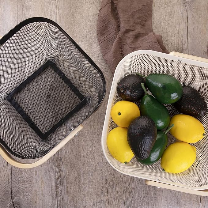 IBWell Square Metal Wire Woven Fruit Storage Bowl Basket with Wooden Handle, Large Black Mesh Fruit Stand, Multi-function Hanging Kitchen Baskets (Black, Nomal 2PCS)